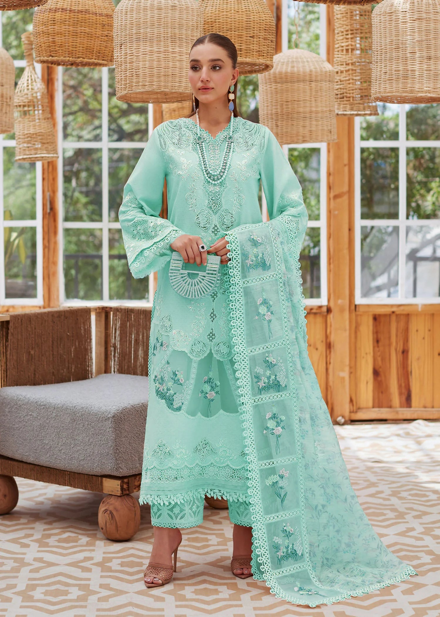 Festive Lawn Dress Design in Aqua Color for Women