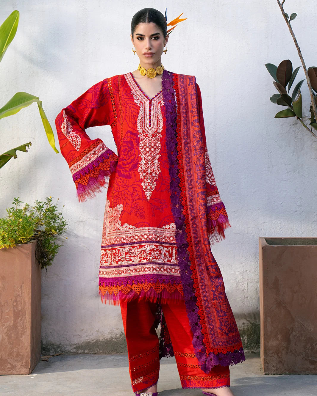 Rich Red Embroidered Lawn Dress for Eid Collection