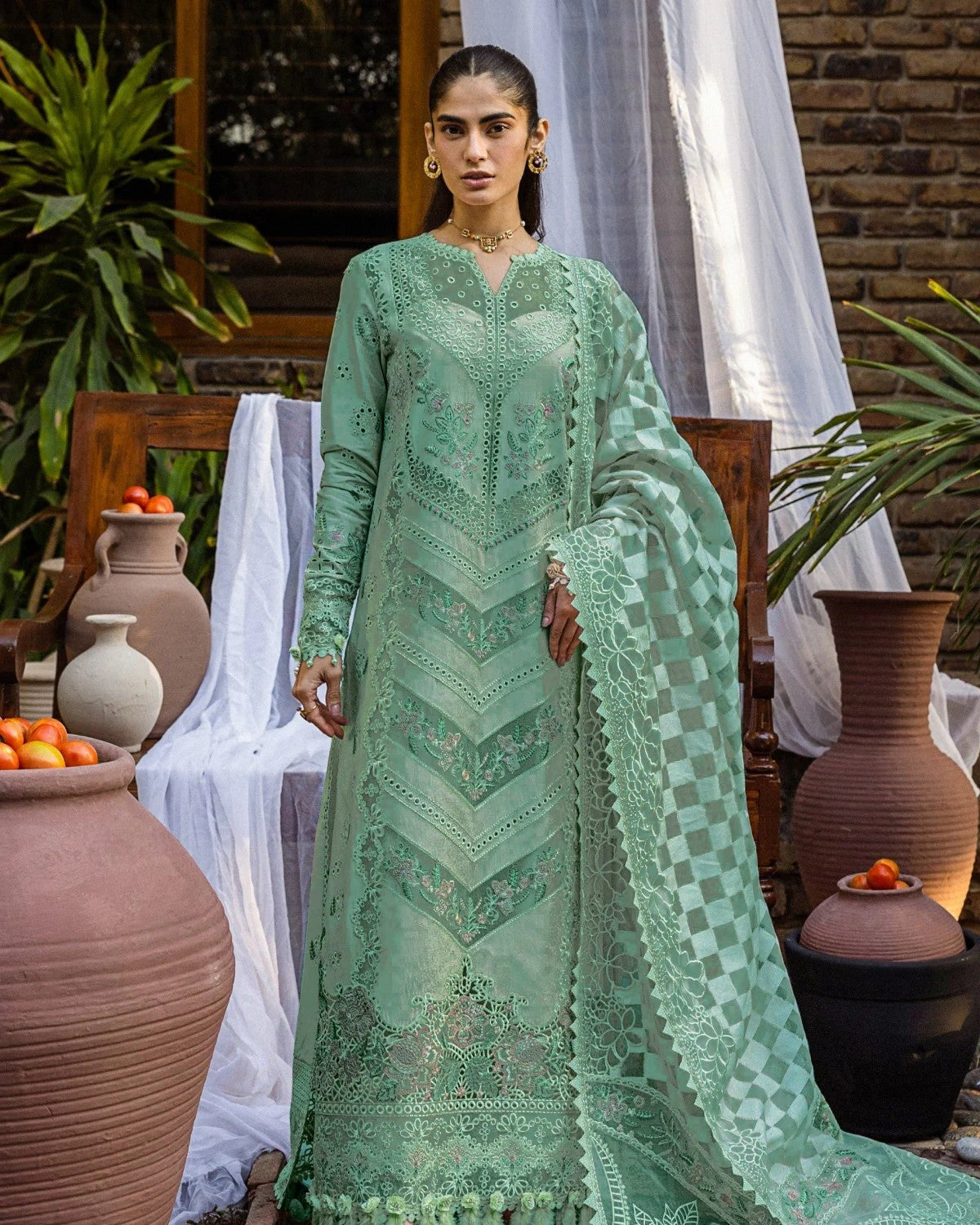 Coral Green Embroidered Lawn Unstitched Dress