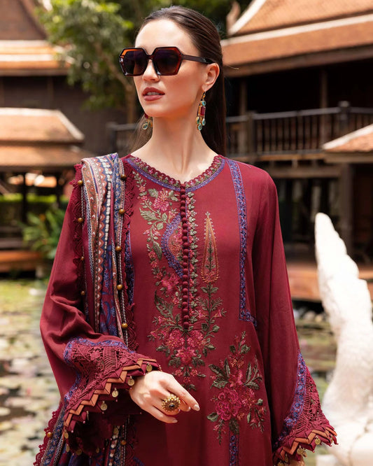 Rich Maroon Embroidered Lawn Dress with Luxury Embroidery Patterns, Designed for Women's Eid Collection