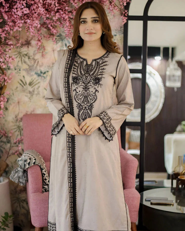 Warm Gray Embroidered Lawn Dress Design for Summer Collection 2026