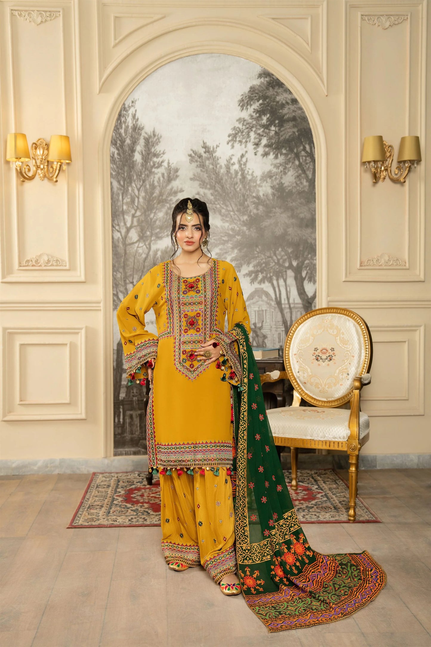 Embroidered Lawn Suit for Women in Goldenrod Orange Color